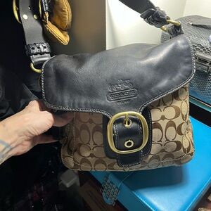 Coach Brown Signature Canvas Crossbody with Black Leather Flap and Gold Hardware